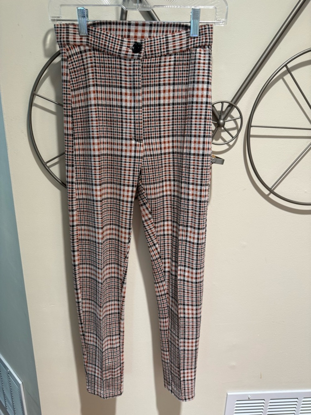 Free People Plaid Straight Leg Women’s Pants Black White Brown Size 2 Cotton